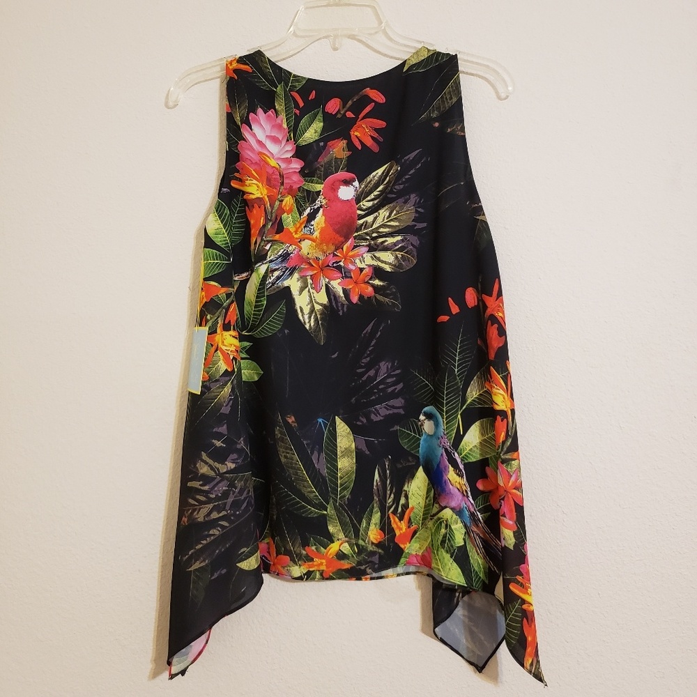 CeCe Tropical Bird Sleeveless Black Tank Blouse - Picture 2 of 6